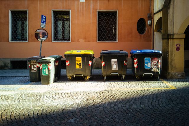 Inicio Five recycling bins on a sunny cobblestone street against an orange building.